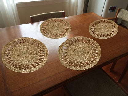 Kashyapa Rugs Collection - Kitchen & Dining Collection -Jute Round Hand Braided Table Mats - Set OF 4.