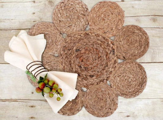 Kashyapa Rugs Collection - Kitchen & Dining Collection -Jute Flower Hand Braided Table Mats - Set OF 4