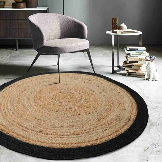 Natural Jute Round Braided Area Rug with Black Border