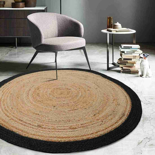 Natural Jute Round Braided Area Rug with Black Border