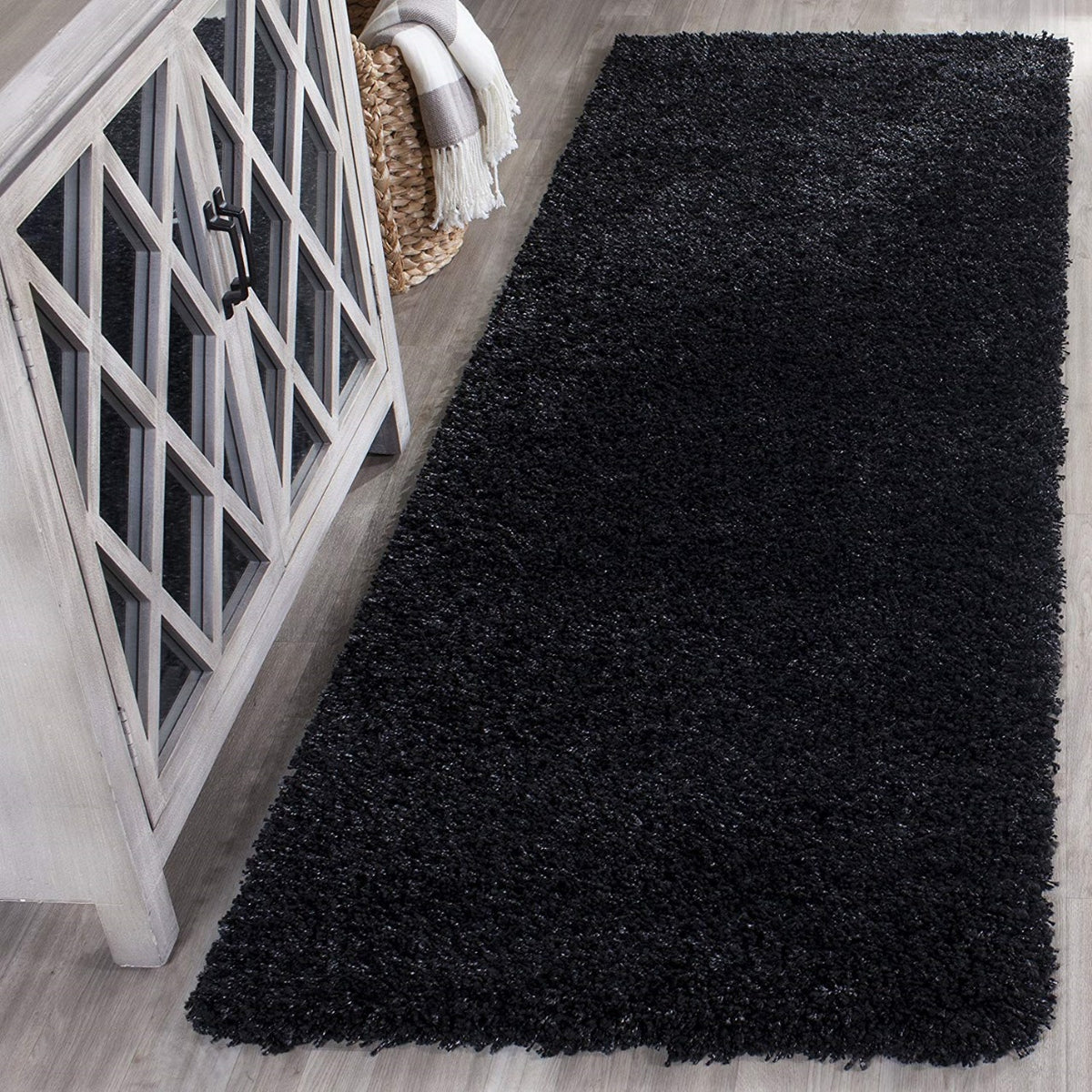 2 inch long pile Extra fluffy Black  Premium Microfiber Bedside Runner -  Soft Feel, Anti-Skid Backing