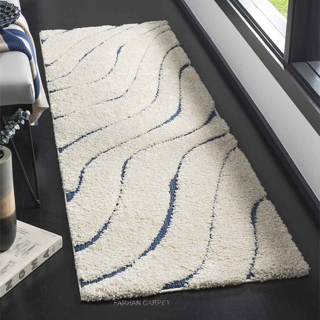 KashyapaRugs ivory and navy blue abstract wave pattern premium microfiber rug – soft smooth texture, anti-skid rubber backing, elegant color contrast for modern and minimal interiors