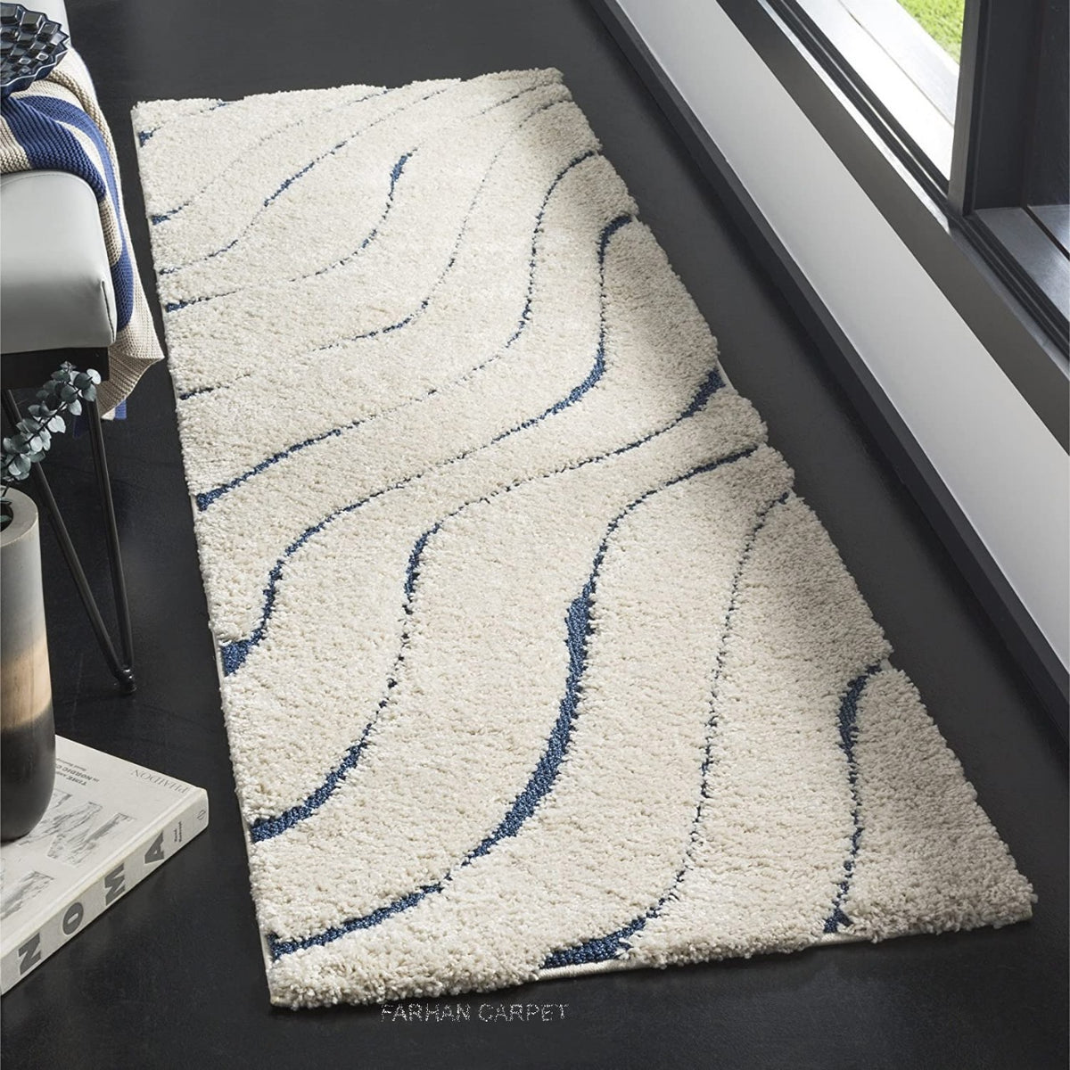 Ivory & Navy Blue Abstract Wave Pattern Premium Microfiber Rug – Soft Feel with Anti-Skid Backing
