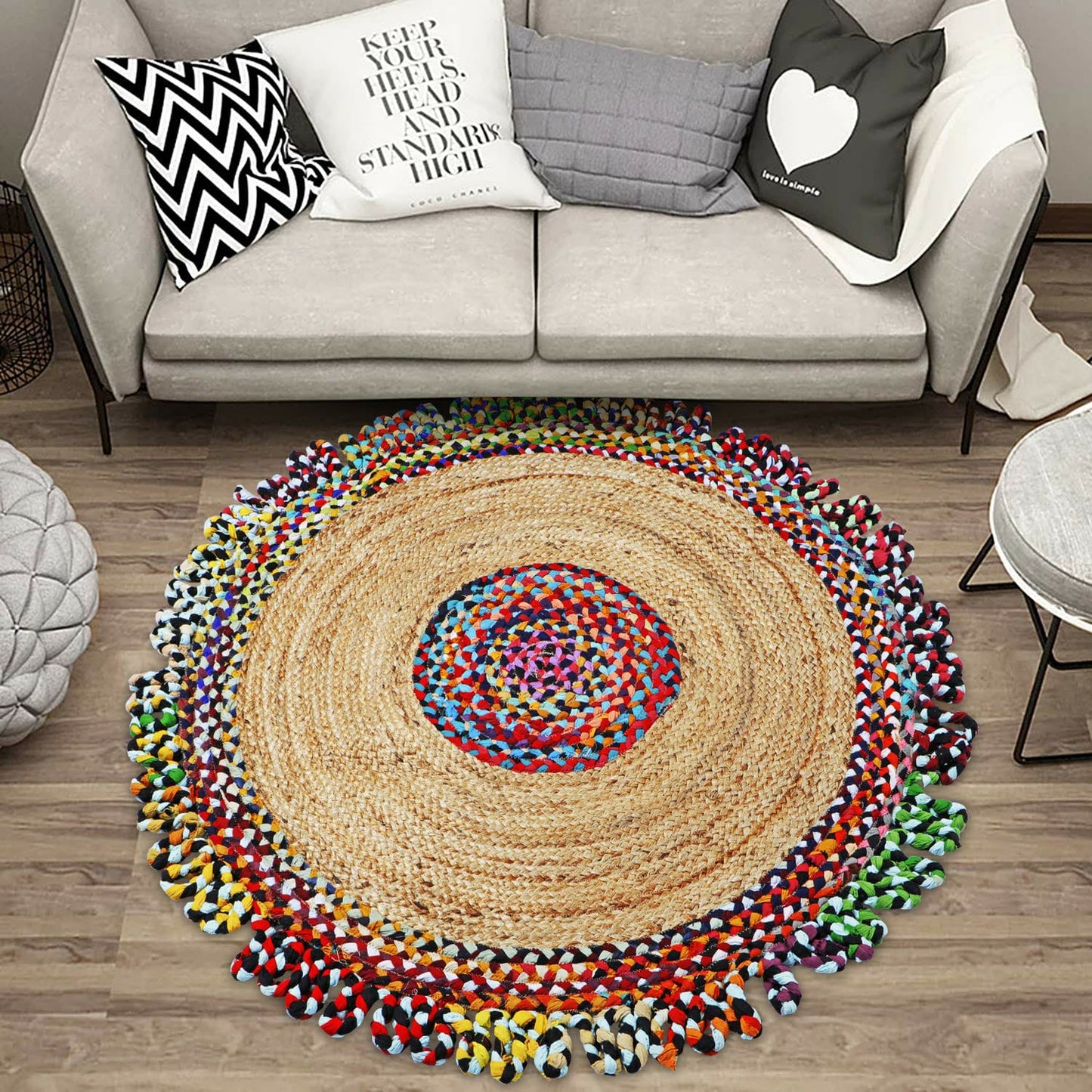 Round Jute and Chindi Braided Area Rug