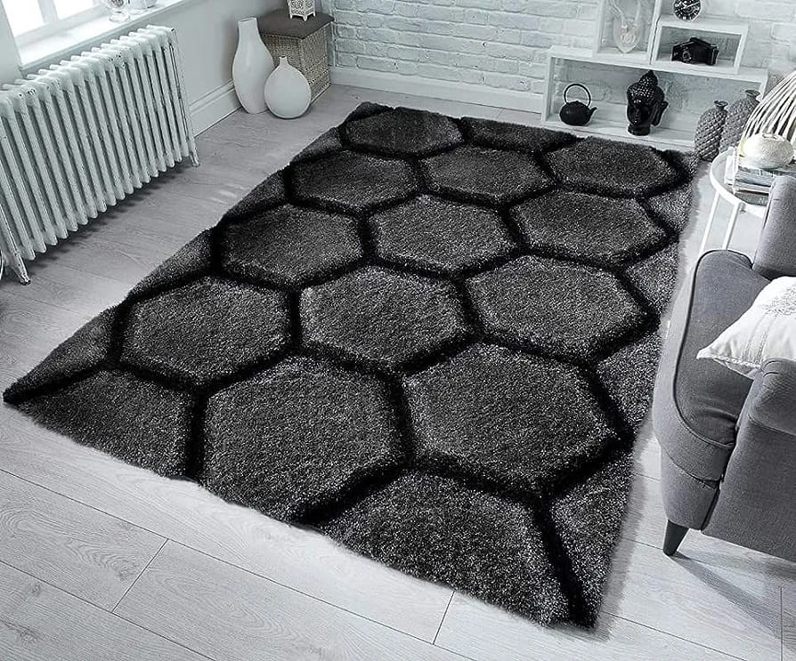 Black And Grey 3D Bright Shaggy Microfiber Carpet – Soft Feel with Anti-Skid Backing