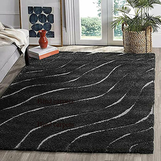 Black Waves Premium Microfiber Shaggy Carpet Rug – Soft Feel with Anti-Skid Rubber Backing