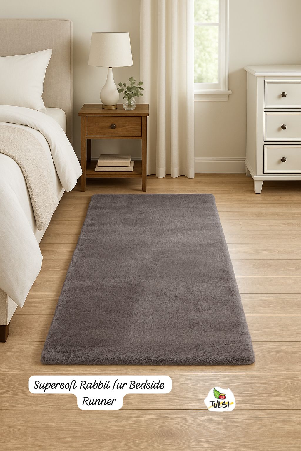 Supersoft Grey Rabbit Fur Bedside Runner