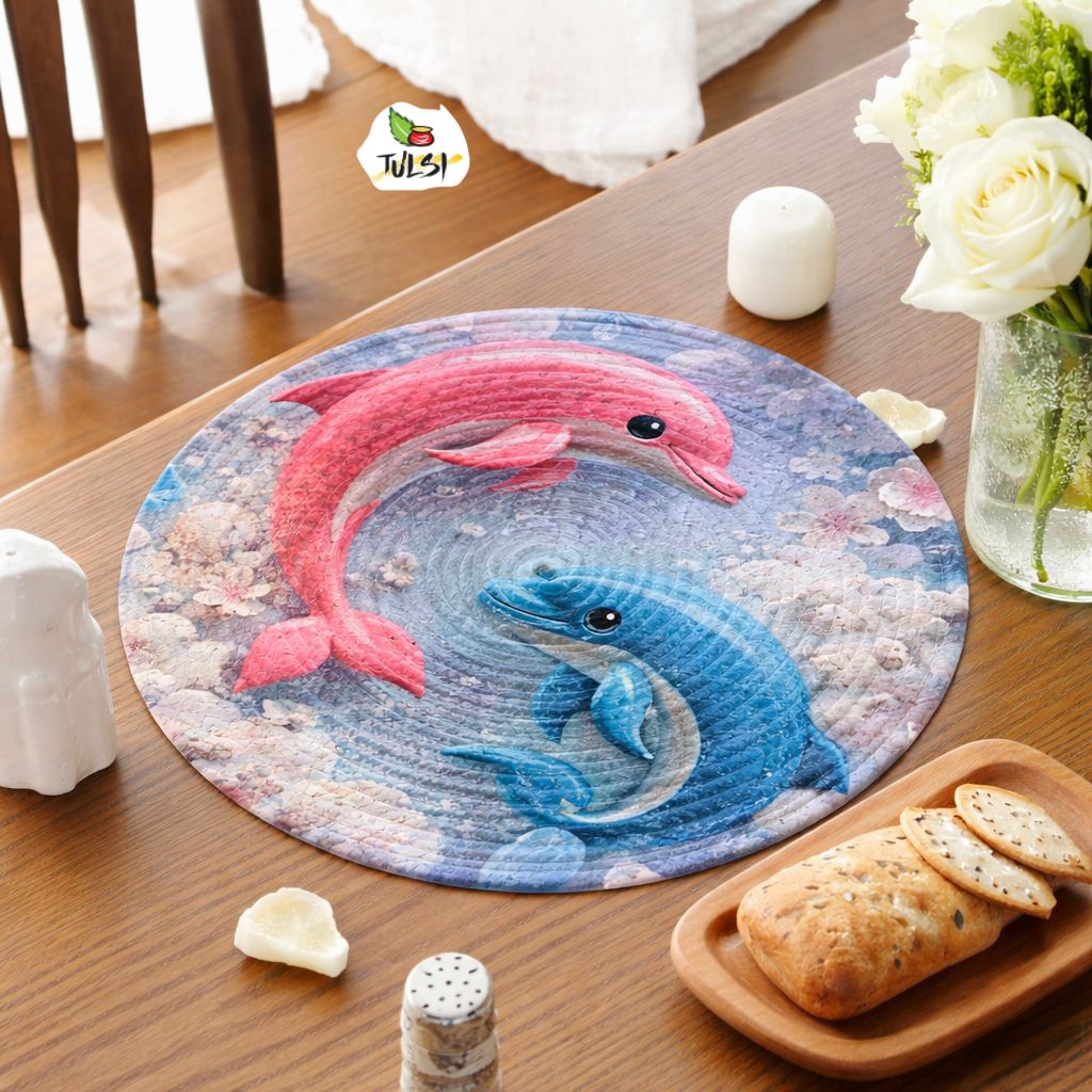 Elegant Dolphin Round Mat for Living Room, Dining Table & Ocean-Inspired Home Décor