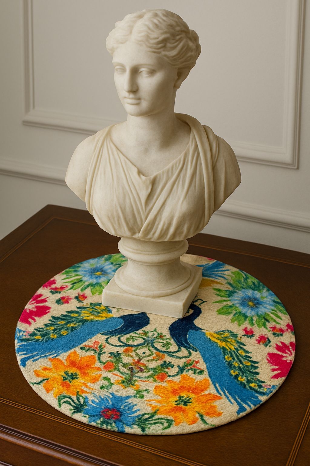 Elegant Peacock Floral Round Rug for  Living Room ,Stylish Home Décor