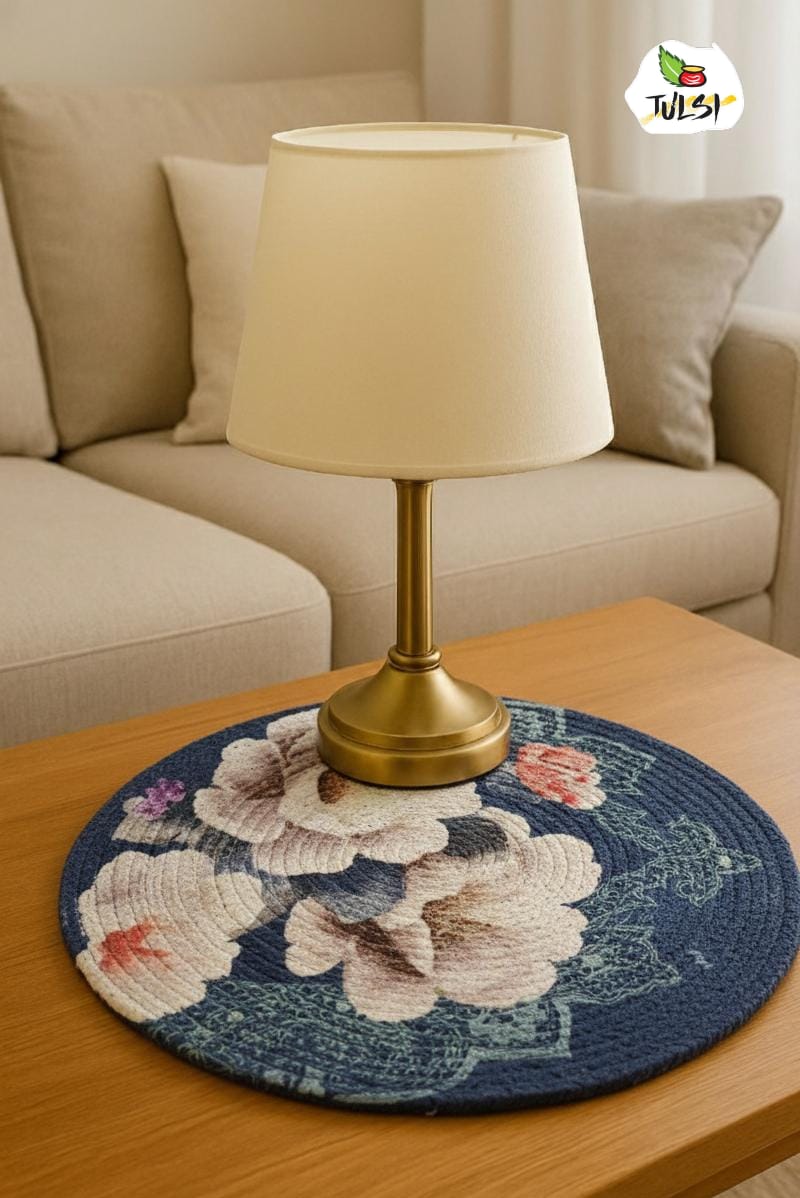 Jute Round Floral Printed Table Mat | Navy Blue | Decorative Mat for Coffee Table, Side Table & Home Décor