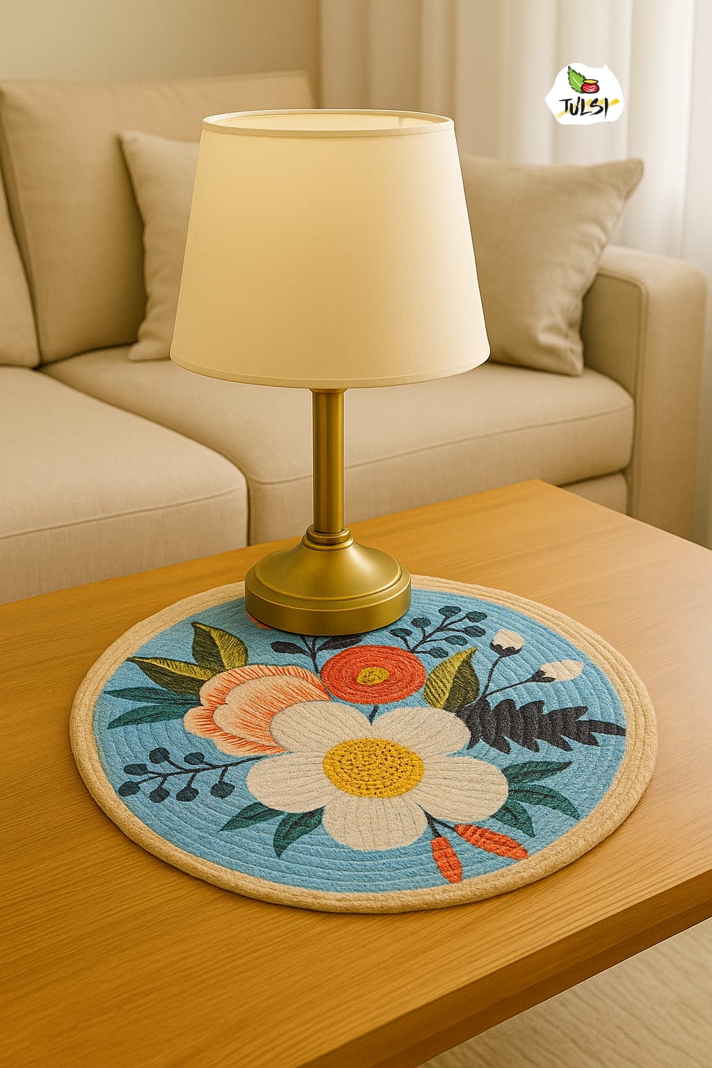 Jute Round Floral Printed Table Mat | Sky Blue | Decorative Mat for Coffee Table, Side Table & Home Décor