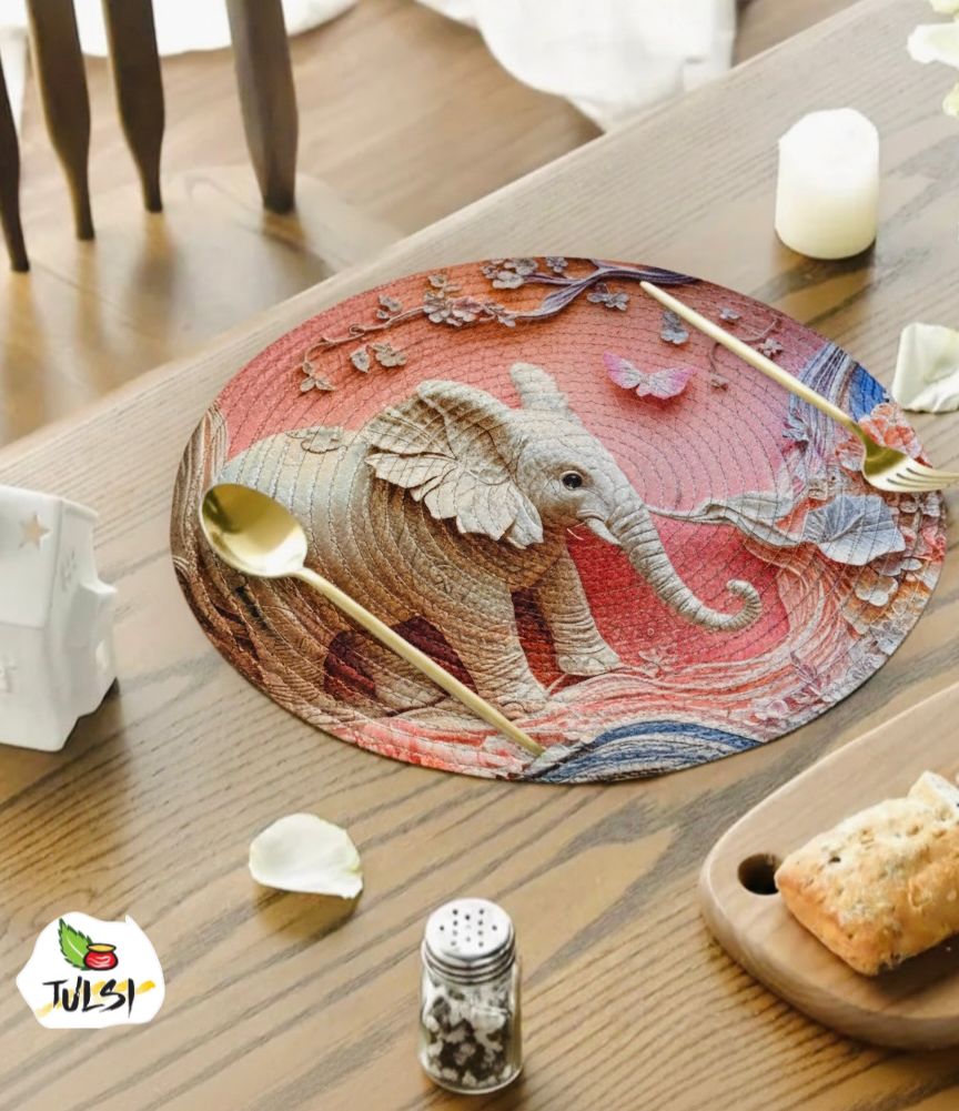 Jute Round Elephant Floral Printed Mat | Multicolour | Decorative Mat for Dining Table, Coffee Table & Home Décor