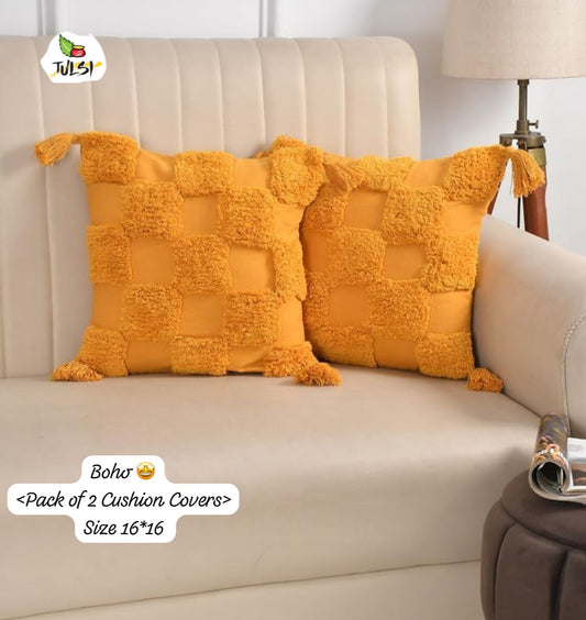 Boho Mustard Textured Cushion Cover with Tassels | Geometric Tufted Decorative Pillow Cover for Sofa & Living Room