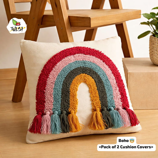 Boho Rainbow Textured Cushion Cover with Tassels | Multicolor Arch Design Decorative Pillow Cover for Sofa & Living Room