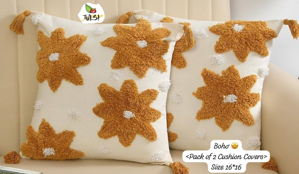Floral Embroidery Cotton Cushion Cover | 16x16 Inch Pure Cotton Textured Decorative Pillow Cover for Sofa & Living Room