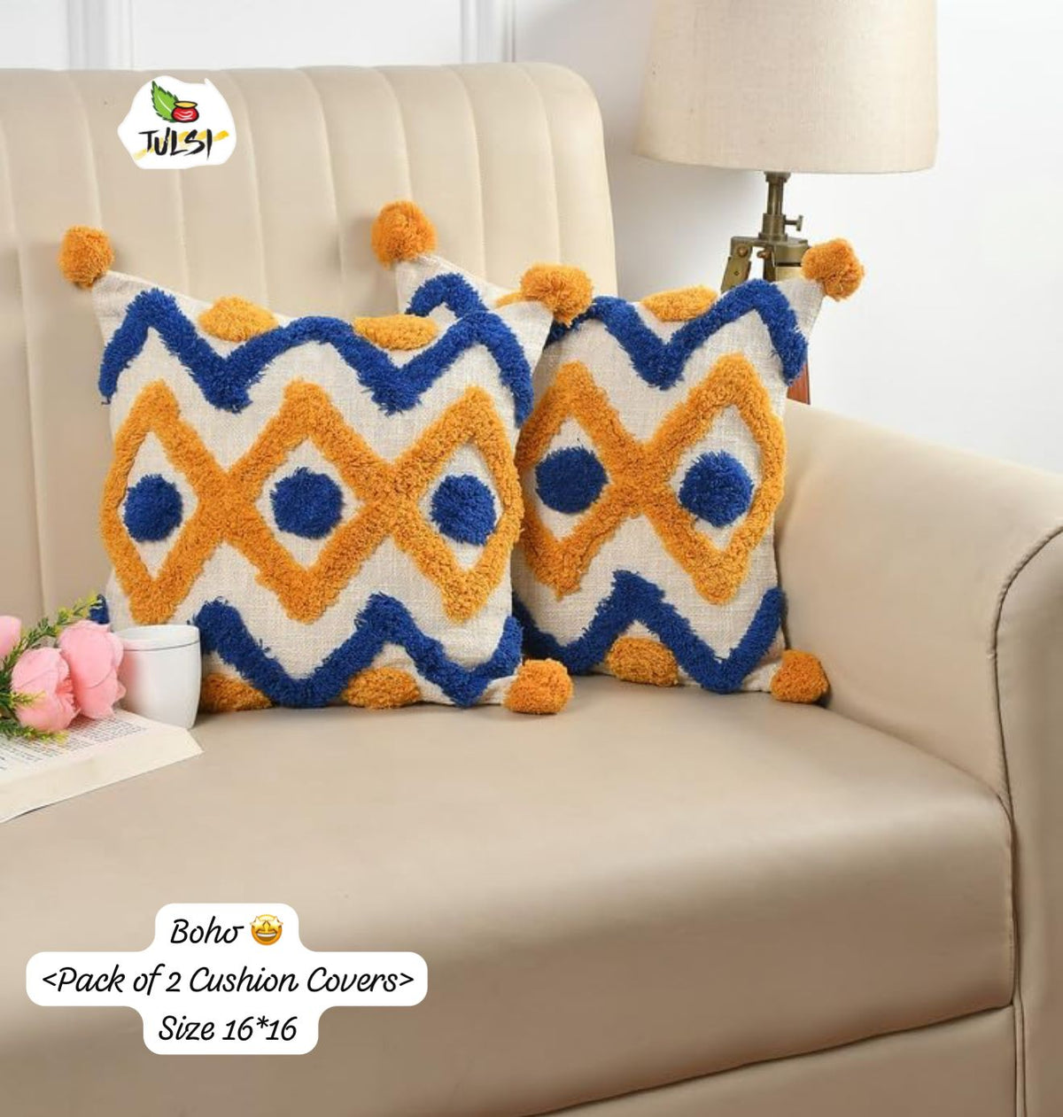 Boho Geometric Diamond Cushion Cover with Pom-Poms | Blue & Mustard Textured Decorative Pillow Cover for Sofa & Living Room