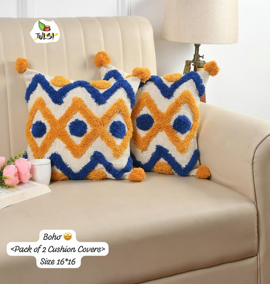Boho Geometric Diamond Cushion Cover with Pom-Poms | Blue & Mustard Textured Decorative Pillow Cover for Sofa & Living Room