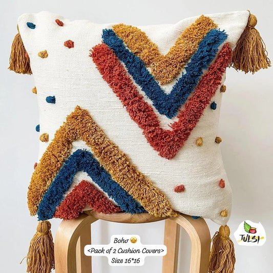Boho Striped Cushion Cover with Tassels | Blue, Mustard, Red & Beige Textured Decorative Pillow Cover for Sofa & Living Room