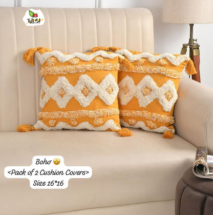 Boho Geometric Cushion Cover with Tassels | Mustard Yellow & Ivory Textured Decorative Pillow Cover for Sofa & Living Room