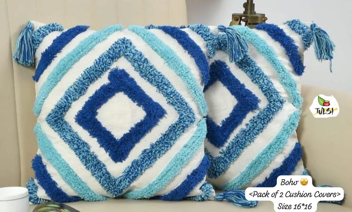 Blue Geometric Design Embroidered Cushion Cover | Decorative Throw Pillow Cover for Sofa & Living Room