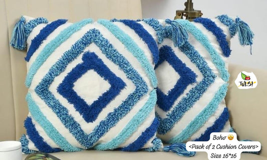 Blue Geometric Design Embroidered Cushion Cover | Decorative Throw Pillow Cover for Sofa & Living Room