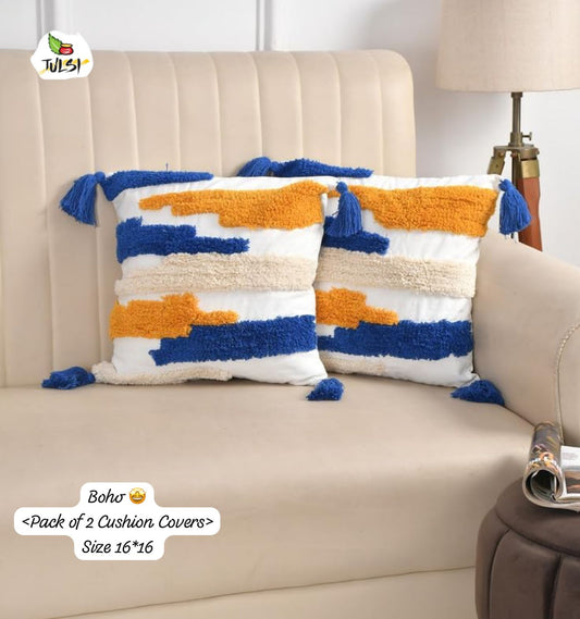 Boho Striped Cushion Cover with Tassels | Blue, Mustard & Beige Textured Decorative Pillow Cover for Sofa & Living Room