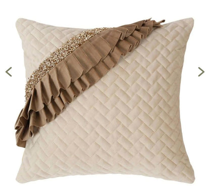 Luxury Quilted Cushion Cover with Ruffle Detailing | Cream & Taupe Embellished Textured Decorative Pillow Cover for Sofa & Living Room