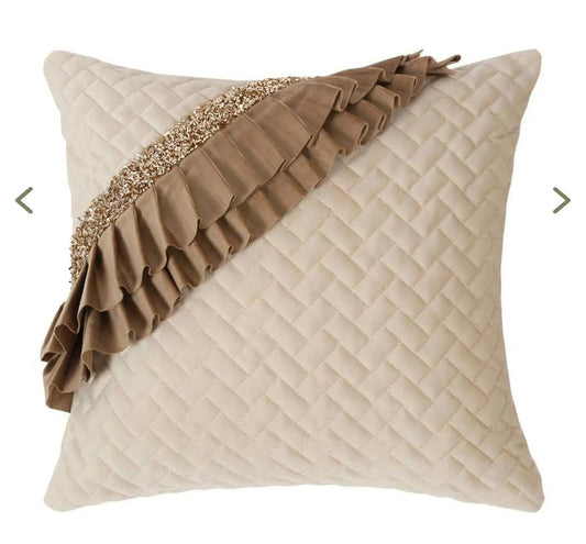 Luxury Quilted Cushion Cover with Ruffle Detailing | Cream & Taupe Embellished Textured Decorative Pillow Cover for Sofa & Living Room