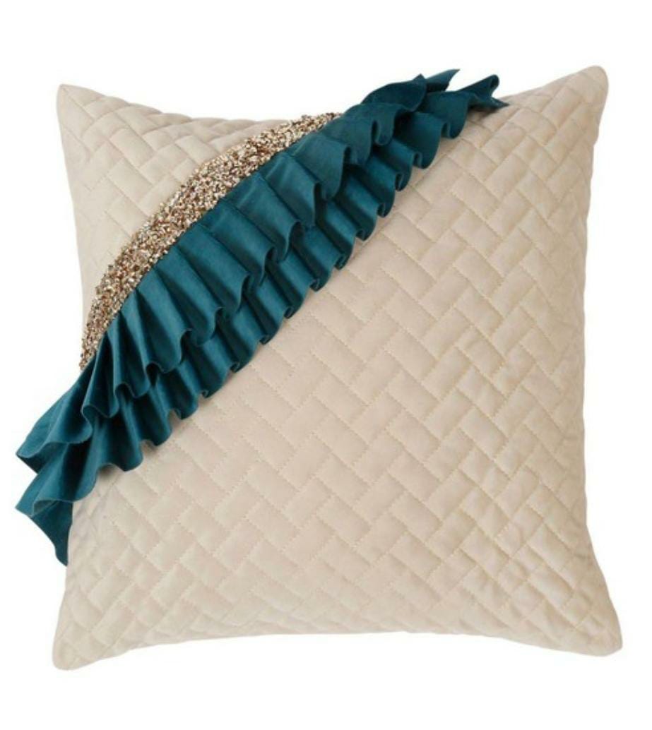Luxury Quilted Cushion Cover with Ruffle Detailing | Cream & Teal Embellished Sequin Decorative Pillow Cover for Sofa & Living Room