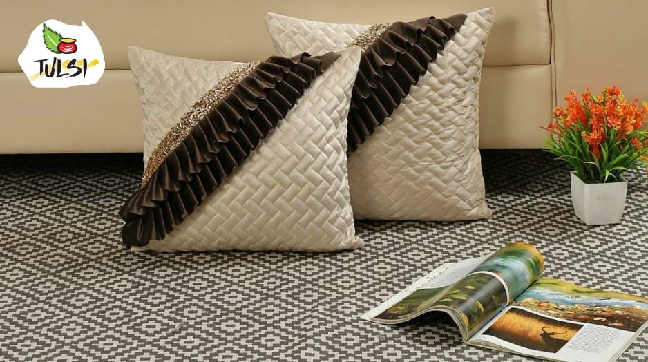 Luxury Quilted Cushion Cover with Ruffle Detailing | Cream & Chocolate Brown Embellished Sequin Decorative Pillow Cover for Sofa & Living Room