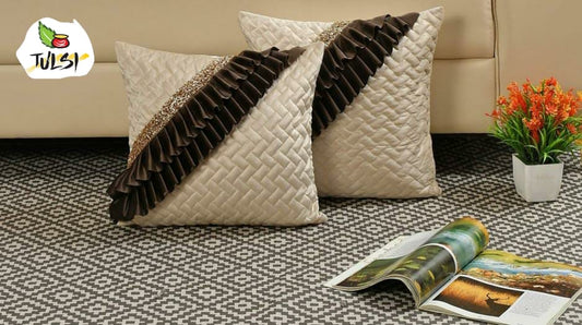 Luxury Quilted Cushion Cover with Ruffle Detailing | Cream & Chocolate Brown Embellished Sequin Decorative Pillow Cover for Sofa & Living Room