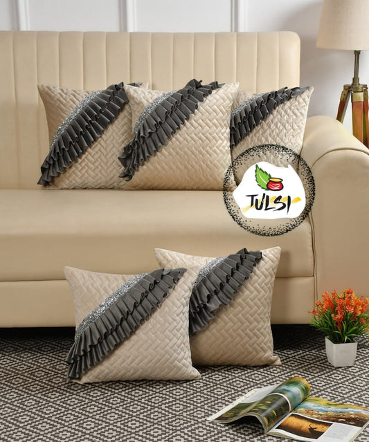 Luxury Quilted Cushion Cover with Ruffle Detailing | Cream & Grey Embellished Sequin Decorative Pillow Cover for Sofa & Living Room