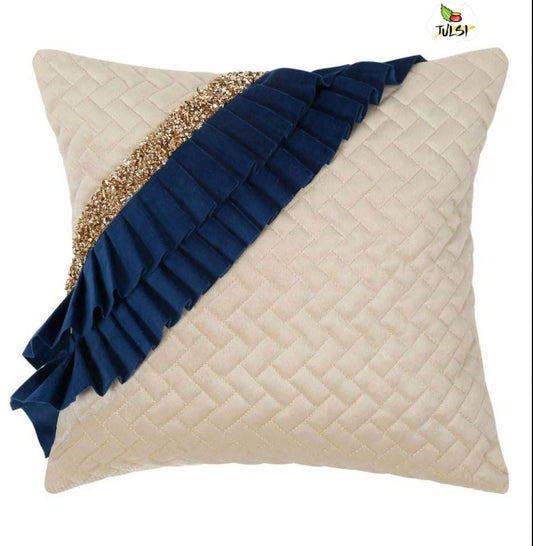 Luxury Quilted Cushion Cover with Ruffle Detailing | Cream & Navy Blue Embellished Gold Sequin Decorative Pillow Cover for Sofa & Living Room