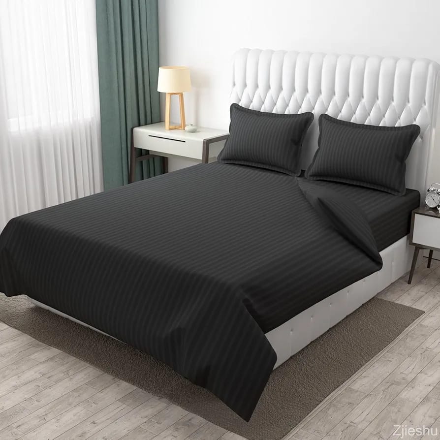 Premium Plain Stripes Cotton Charcoal Black Bedsheet 🛏️ – Double Bed Size with 2 Pillow Covers
