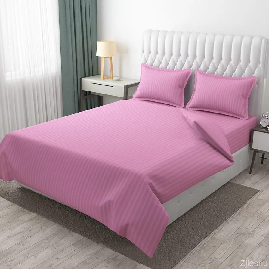 Premium Plain Stripes Cotton Rose Pink Bedsheet 🛏️ – Double Bed Size with 2 Pillow Covers | 3 Piece Bedding Set | 100% Cotton | 90×100 Inches