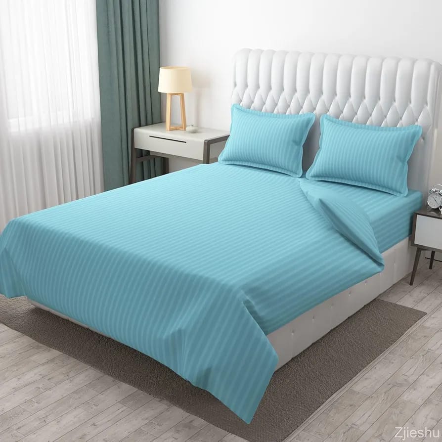 Premium Plain Stripes Cotton Sky Blue  Bedsheet 🛏️ – Double Bed Size with 2 Pillow Covers