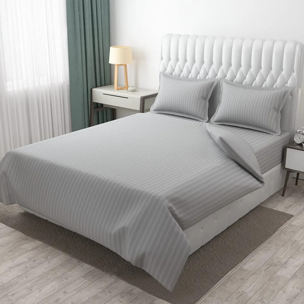 Premium Plain Stripes Cotton Champagne Light Grey Bedsheet 🛏️ – Double Bed Size with 2 Pillow Covers