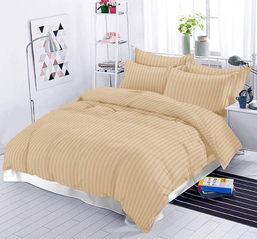 Premium Plain Stripes Cotton Champagne Beige Bedsheet 🛏️ – Double Bed Size with 2 Pillow Cover