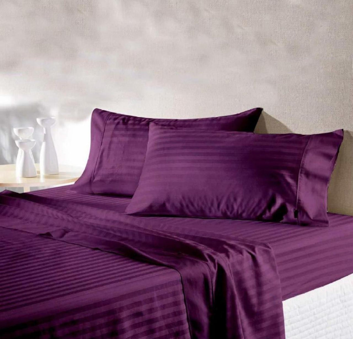 Premium Plain Stripes Cotton Royal Plum Bedsheet 🛏️ – Double Bed Size with 2 Pillow Covers