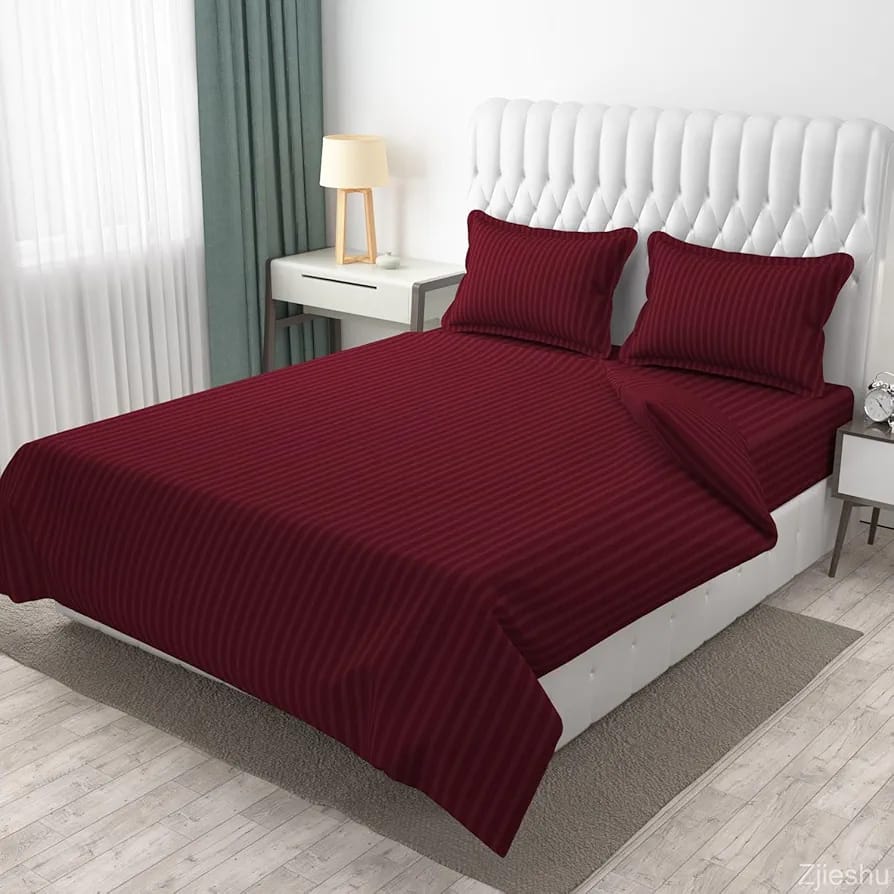 Premium Plain Stripes Cotton Wine Burgundy Bedsheet 🛏️ – Double Bed Size with 2 Pillow Covers