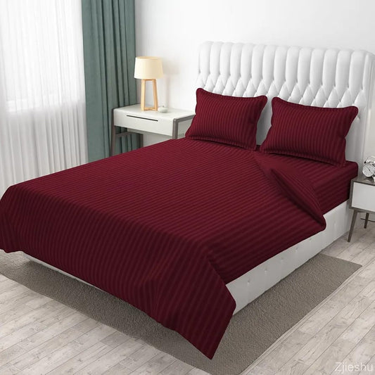 Premium Plain Stripes Cotton Wine Burgundy Bedsheet 🛏️ – Double Bed Size with 2 Pillow Covers