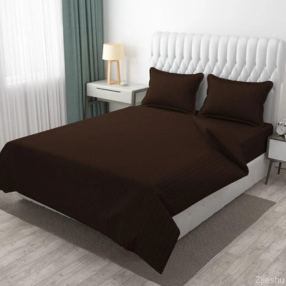 Premium Plain Stripes Cotton Dark Chocolate Brown Bedsheet 🛏️ – Double Bed Size with 2 Pillow Covers