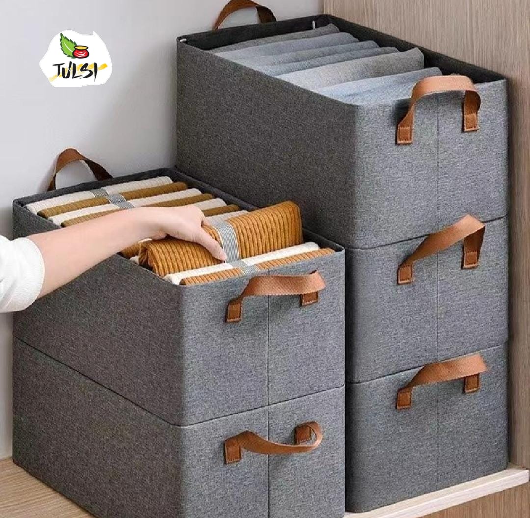 Grey Foldable Fabric Storage Box – Multipurpose Clothes & Miscellaneous Items Organizer with Handles, Wire Frame & Space-Saving Design