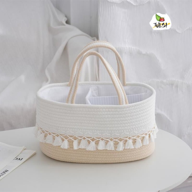 Elegant Beige & White Jute Hamper Basket – Decorative Gifting & Storage Basket with Tassel Detailing, 11×12 Inch