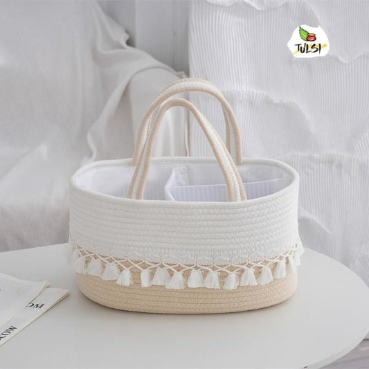 Elegant Beige & White Jute Hamper Basket – Decorative Gifting & Storage Basket with Tassel Detailing, 11×12 Inch