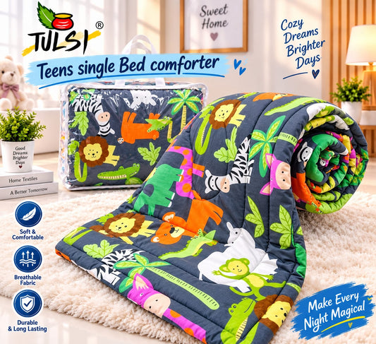 Premium Ultra-Soft Glace Cotton Jungle 🦁🐘 Animal Print Comforter – Single Bed Size 60×100 Inches for Kids