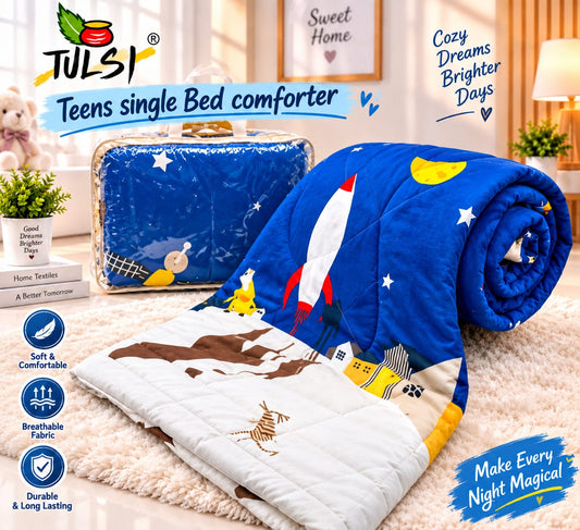 Premium Ultra-Soft Glace Cotton Space 🚀 Rocket & Dinosaur  Print Comforter – Single Bed Size 60×100 Inches for Kids