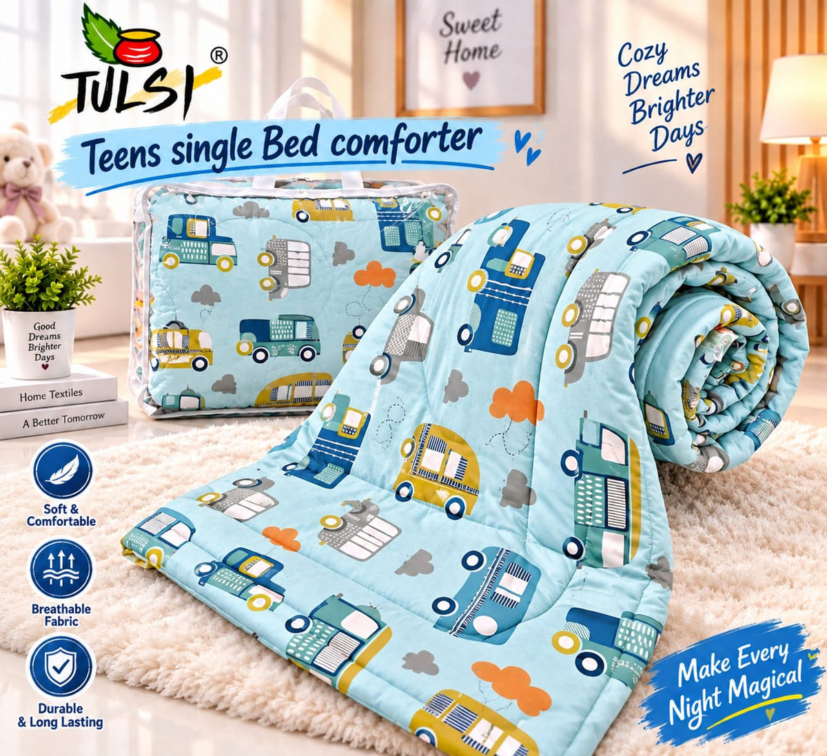 Premium Ultra-Soft Glace Cotton Bus 🚌 Vehicle Print Comforter – Single Bed Size 60×100 Inches for Kids