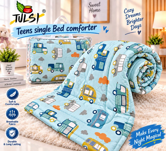 Premium Ultra-Soft Glace Cotton Bus 🚌 Vehicle Print Comforter – Single Bed Size 60×100 Inches for Kids