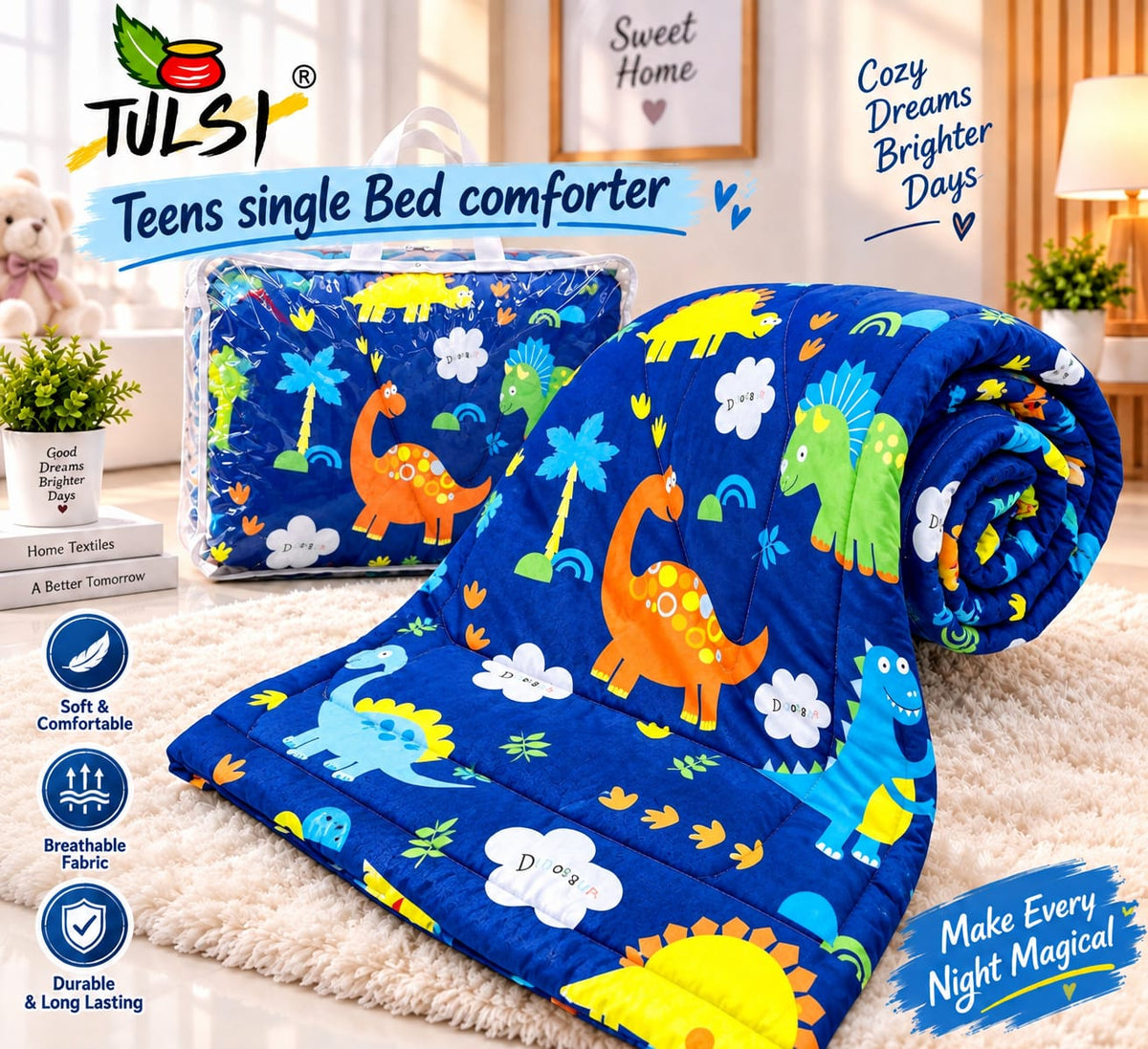 Premium Ultra-Soft Glace Cotton Dinosaur 🦖 Print Comforter – Single Bed Size 60×100 Inches for Kids